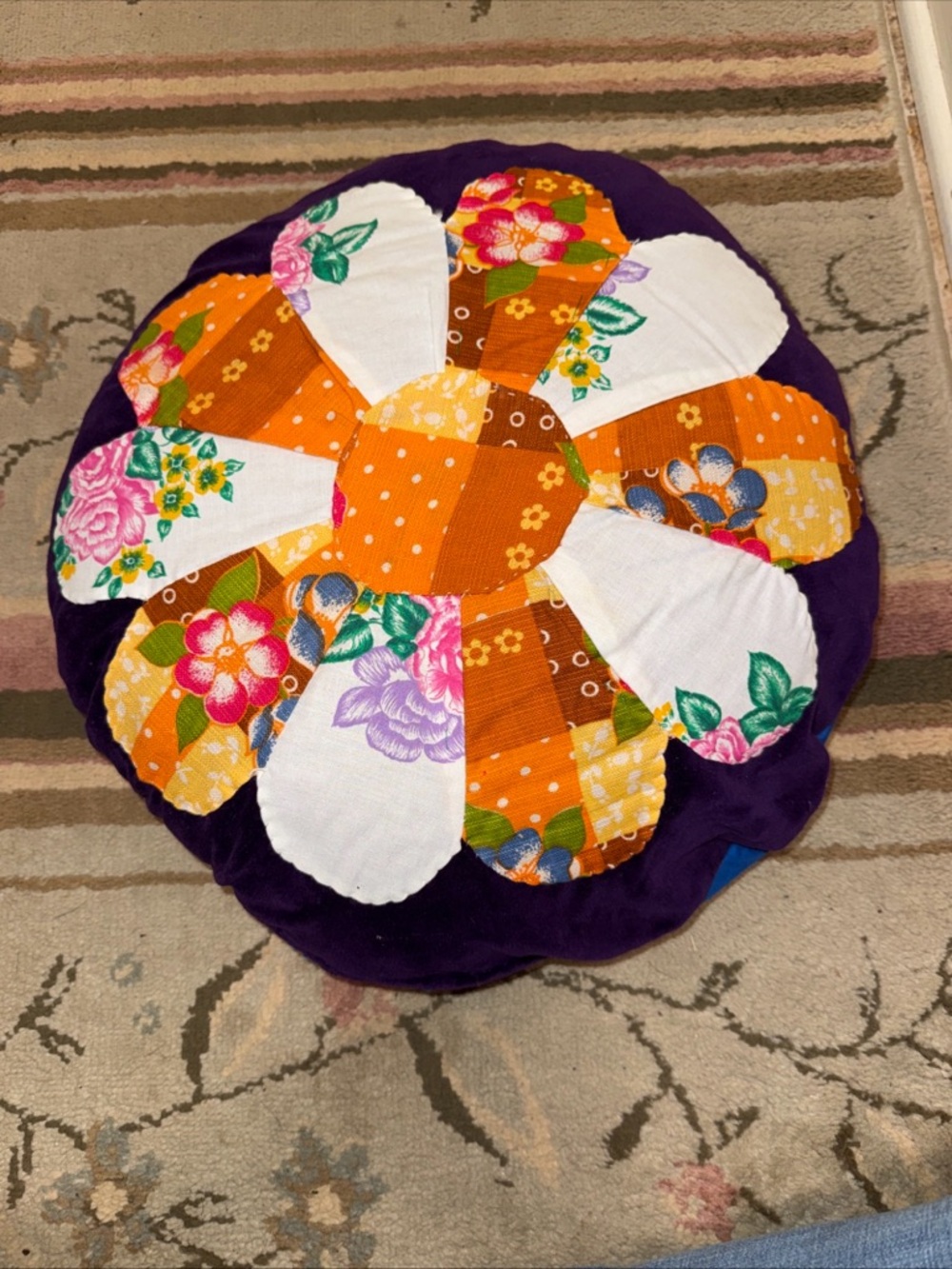 Handmade Patchwork Floral Round Pillow - Purple and Orange